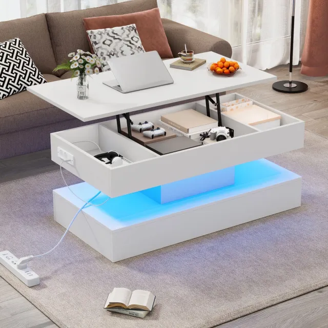 MODENUIT Salontafel - Hefbaar Blad Met LED En Opbergruimte - Voor Woonkamer - Spaanplaat Wit - 100x50x42 Cm