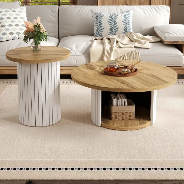 MODFU Salontafelset - Rond Dubbel Ontwerp - Scandinavische Stijl - Voor Woonkamer - MDF - Naturel - 75 x 75 x 50 + 45 x 45 x 35 Cm Natuurlijk