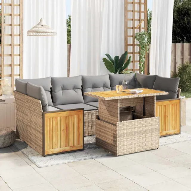 vidaXL 7-delige Loungeset met kussens poly rattan acacia beige, foto 2