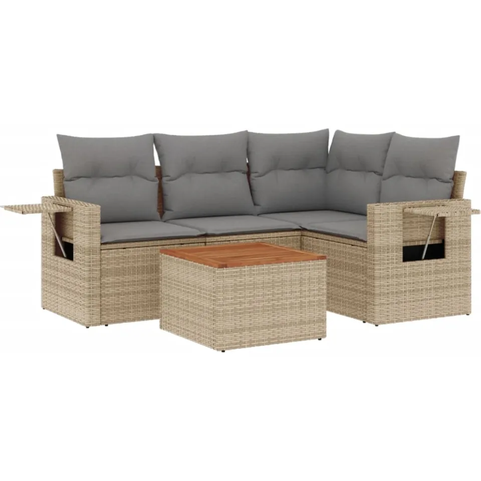 vidaXL 5-delige Loungeset met kussens poly rattan gemengd beige, foto 3