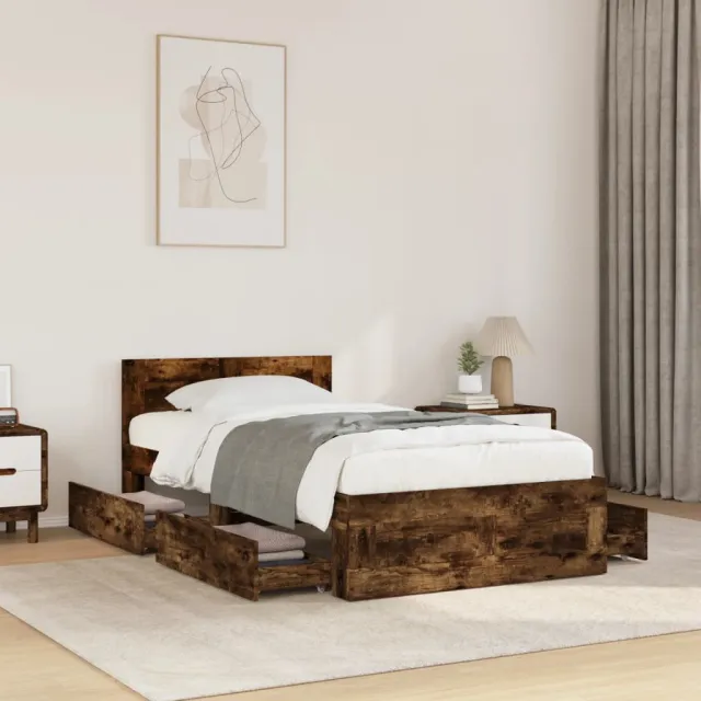 vidaXL Bedframe met hoofdbord bewerkt hout gerookt eiken 75x190 cm Bruin