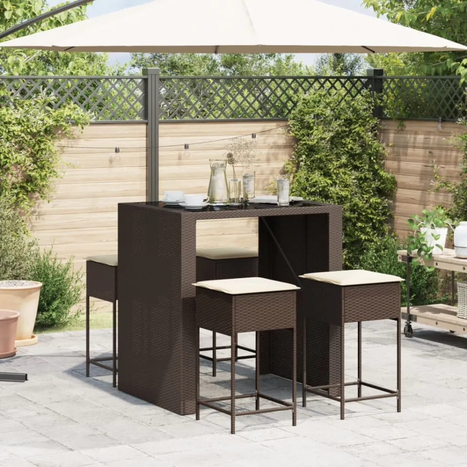 vidaXL 5-delige Tuinbarset met kussens poly rattan bruin, foto 2