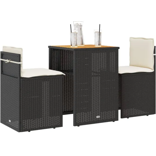 vidaXL 3-delige Bistroset met kussens poly rattan zwart