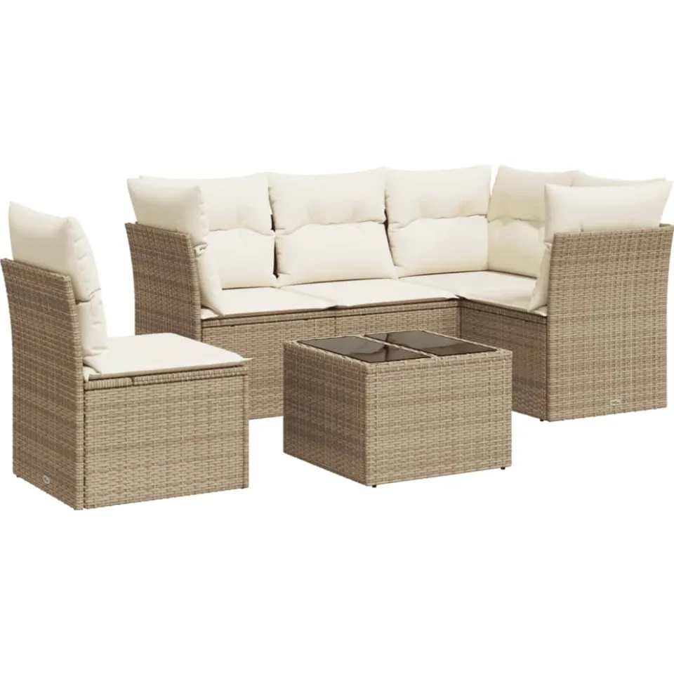 vidaXL 6-delige Loungeset met kussens poly rattan beige
