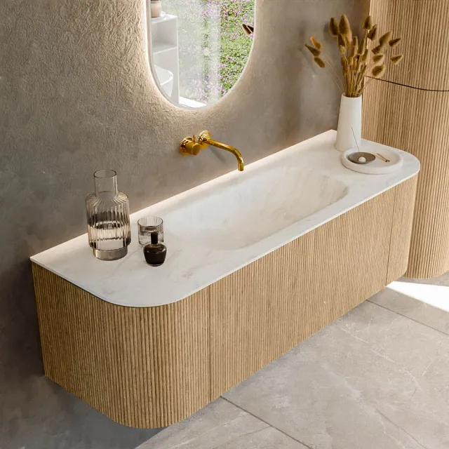 Mondiaz KURVE-DLUX 140 cm Onderkast Greeploos 1 Lade Met Deuren Oak, Wastafel Solid Surface Midden Opalo 0 Kraangaten Zonder Spiegel (KRVBGS140L+R1L2D0KM-Oak/Opa)