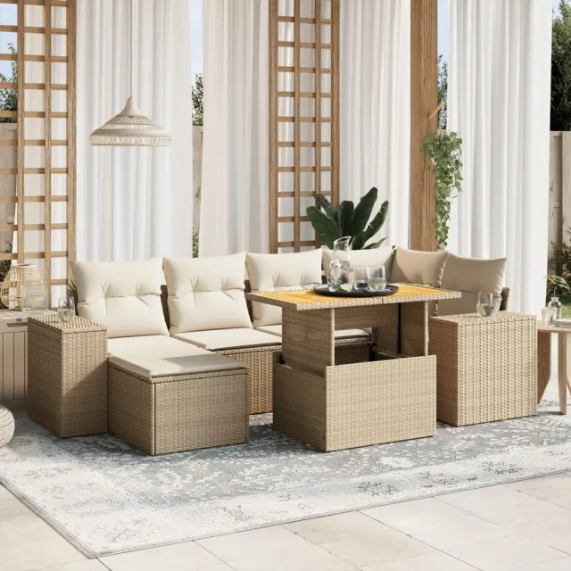vidaXL 7-delige Loungeset met kussens poly rattan beige, foto 2