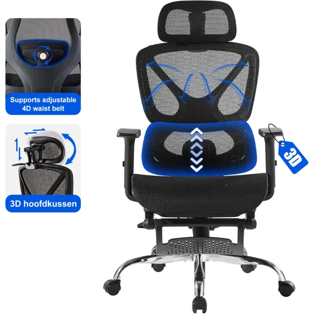 OFMOTRA Ergonomische mesh Bureaustoel - bureaustoel met dubbele rugleuning - Zelfaanpassende Lendensteun - Mesh Rugleuning - Voor volwassenen - 115kg - Kantoor/Thuis/Gaming - Zwart