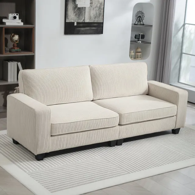 Wishdor Bank - 3-zits - met armleuningen en verenkern - cordstof - voor woonkamer en slaapkamer - polyester - cremewit - 227 x 84 x 87 cm Crèmewit