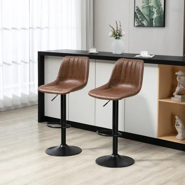 Wishdor Retrodesign - Barkrukken Set Van 2 - Verstelbare Zithoogte En 360° Draaibaar - Bruin Kunstleer En Stalen Onderstel