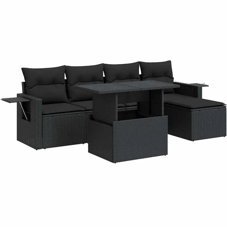 vidaXL 6-delige Loungeset met kussens poly rattan zwart, foto 3