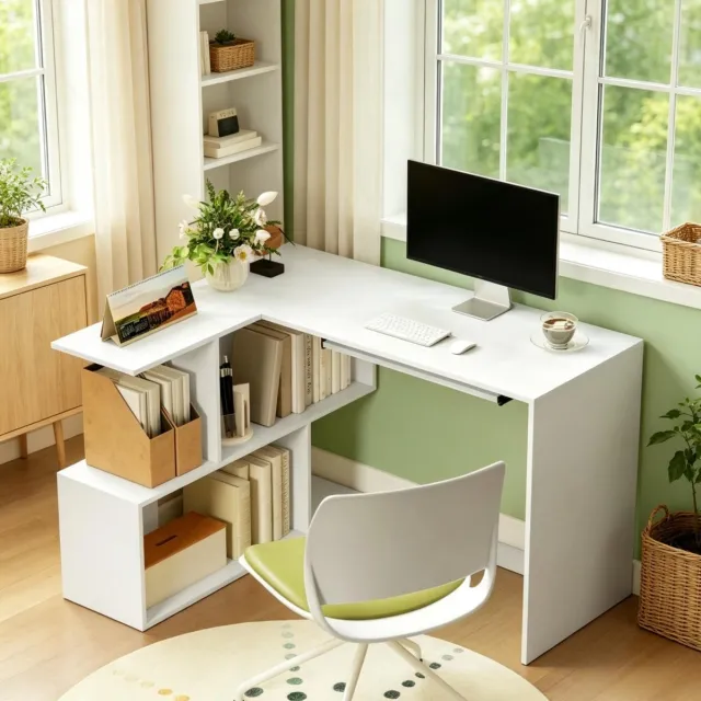 REDOM Bureaus - Hoekbureau met opbergrekken - Uitschuifbaar toetsenbordblad - Moderne stijl - Thuiswerkplek - Spaanplaat - Wit - 120 x 100 x 76 cm