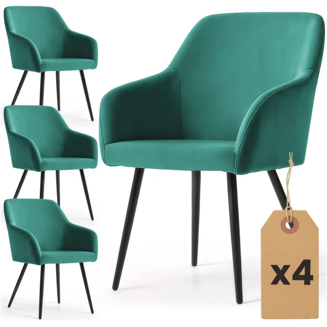 Akord Set van 4 Eetkamerstoelen ESTELLE met Armleuningen / Gestoffeerde Stoelen / Fluwelen Stoelen en Metalen Poten / Flesgroen met zwarte benen