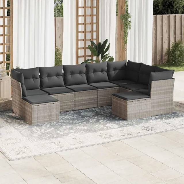 vidaXL 9-delige Loungeset met kussens poly rattan lichtgrijs grijs, foto 2