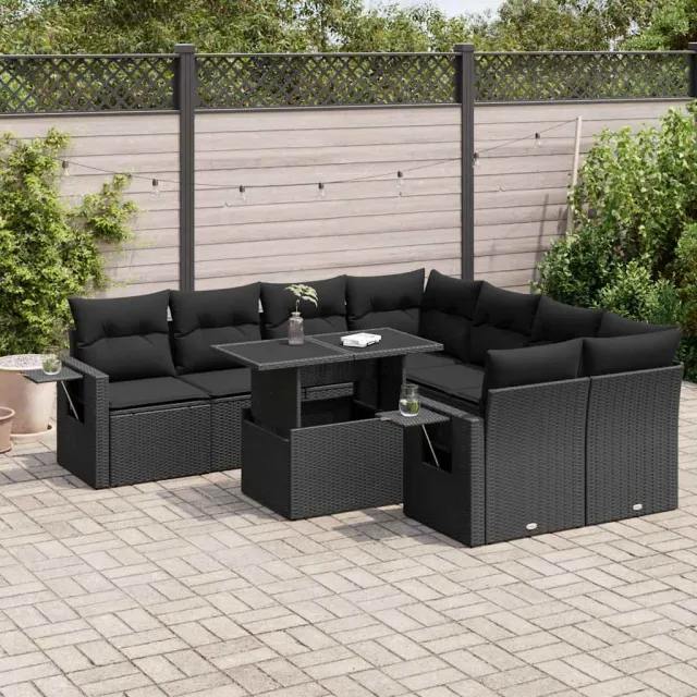 vidaXL 9-delige Loungeset met kussens poly rattan zwart, foto 2