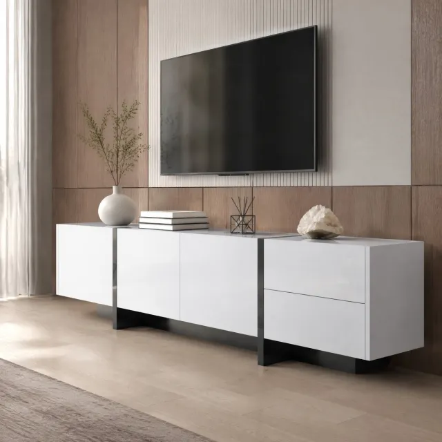 COVREO Tv meubel 190x35x45 cm wit en zwart, spaanplaat met 3 deuren