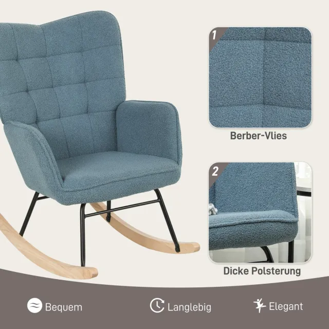 HAUSS SPOLE Schommelstoel Fauteuil Met Berbervliesoptiek En Armleuningen Voor Woonkamer En Slaapkamer Van Hout En Metaal Lichtblauw