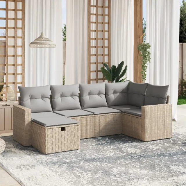 vidaXL 6-delige Loungeset met kussens poly rattan gemengd beige, foto 2