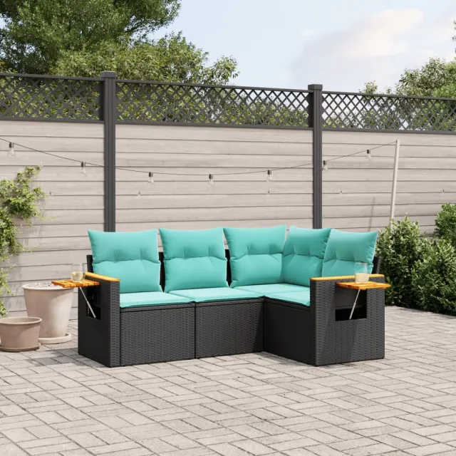 vidaXL 4-delige Loungeset met kussens poly rattan zwart, foto 2