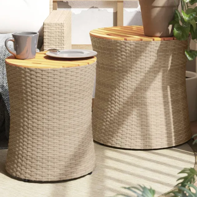 vidaXL Tuinbijzettafels 2 st met houten blad poly rattan beige, foto 2