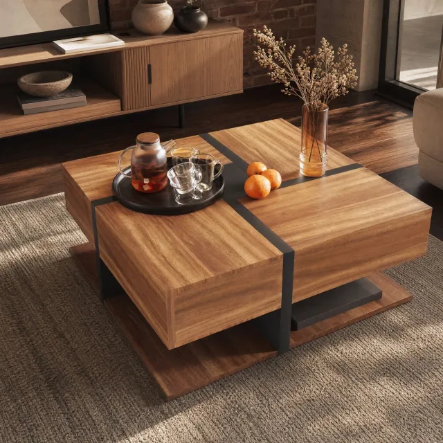 Maisentiel Vierkante salontafel met 4 lades en onderblad - zwart en houtkleurig - 78 x 78 x 36 cm Bruin