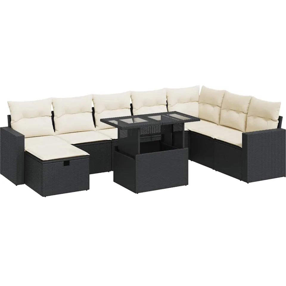 vidaXL 9-delige Loungeset met kussens poly rattan zwart, foto 3
