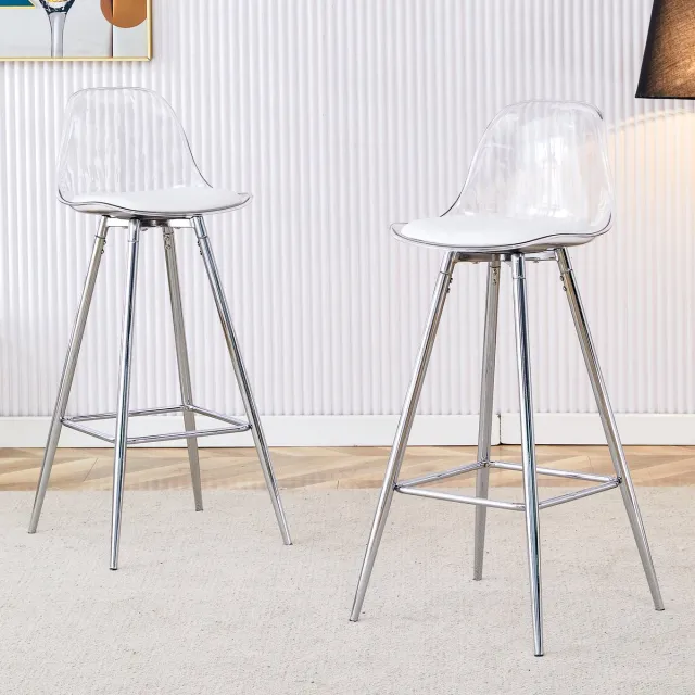 DESMIU Barkruk 38 x 33 x 96,5 Cm - Set Van 2 Met Transparante Rugleuning En Voetsteun - Voor Woonkamer, Bar En Cafe - Kunststof En Metaal - Zilver
