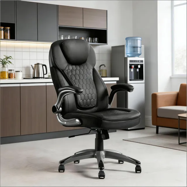 DESMIU Bureaustoel 67,5 x 120 cm - Hoge Rugleuning Met Hoofdsteun En Schommelfunctie - Voor Kantoor En Thuiswerkplek - Kunstleer En Mesh - Zwart Black