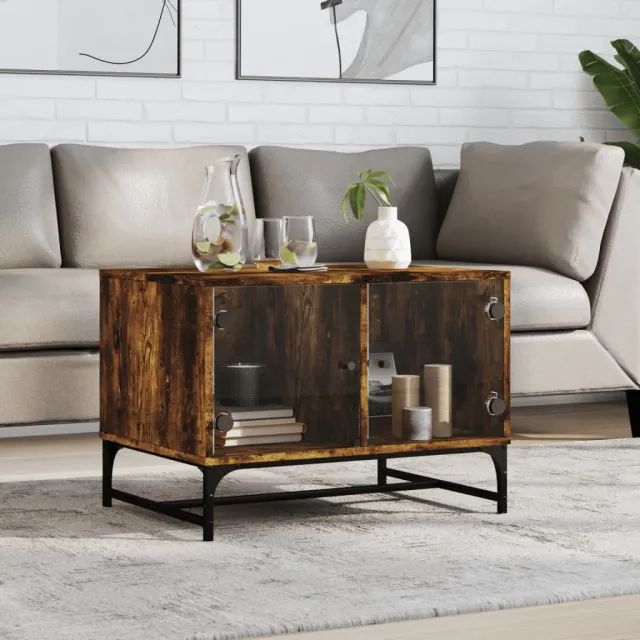 vidaXL Salontafel met glazen deuren 68,5x50x50 cm gerookt eikenkleurig, foto 2