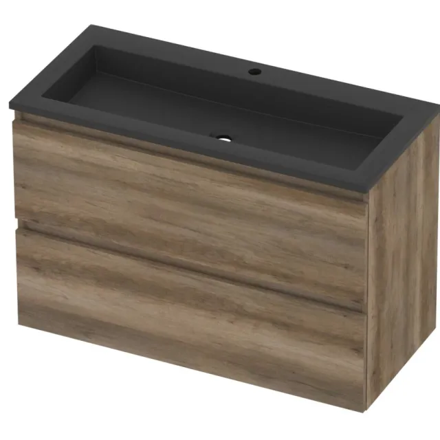 Basic-Line Aura 46 Badmeubelset Acryl 1 Kraangat Greeploos 100x46x62 cm Scotch Oak Mat Zwart