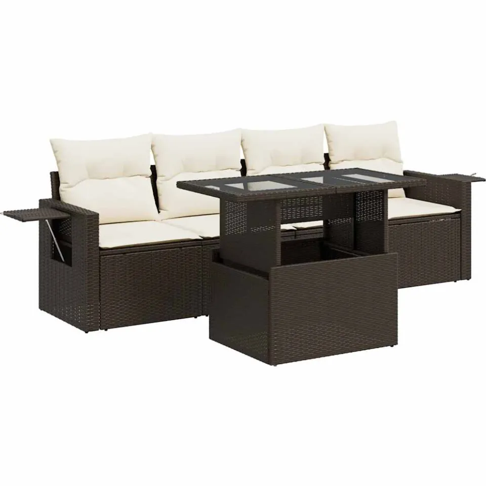 vidaXL 5-delige Loungeset met kussens poly rattan bruin, foto 3