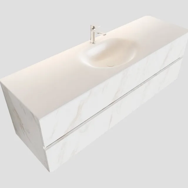 Boss & Wessing Badkamermeubel BWS Madrid Carrara Mat 150 cm Solid Surface Wastafel (1 kraangat, 2 lades)