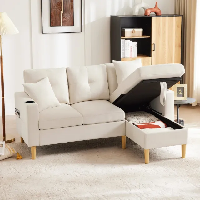 MEUNIQ hoekbank L-vormig 3-zits 175 x 129 x 90 cm met opbergruimte, drankhouder, 2 kussens en vrije hoekplaatsing voor woonkamer, appartement of kantoor, beige