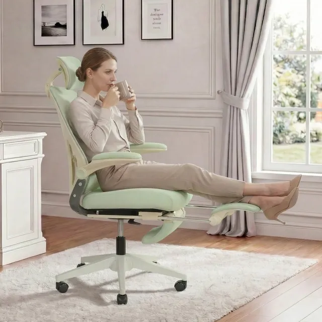 STILVORA Ergonomische Bureaustoel 67 Cm - Opklapbare Rugleuning Met Verstelbare Hoofd- En Lendensteun - Voor Werk, Studie En Spel - Netstof Groen