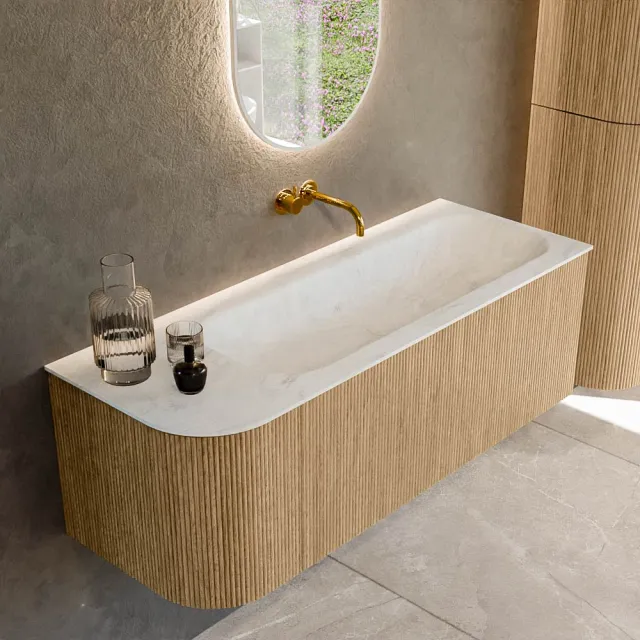 Mondiaz KURVE-DLUX 125 cm Onderkast Greeploos 1 Lade Met Deuren Oak, Wastafel Solid Surface Rechts Opalo 0 Kraangaten Zonder Spiegel (KRVBGM125L1L1D0KR-Oak/Opa)