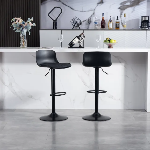 intebiki barkrukken set van 2 - eetkamerstoelen - draaibare barkrukken -Kunststof rugleuning en kunstlederen zitting - barkrukken met rugleuning - Metalen onderstel met voetensteun - eetkamerstoel - Zwart