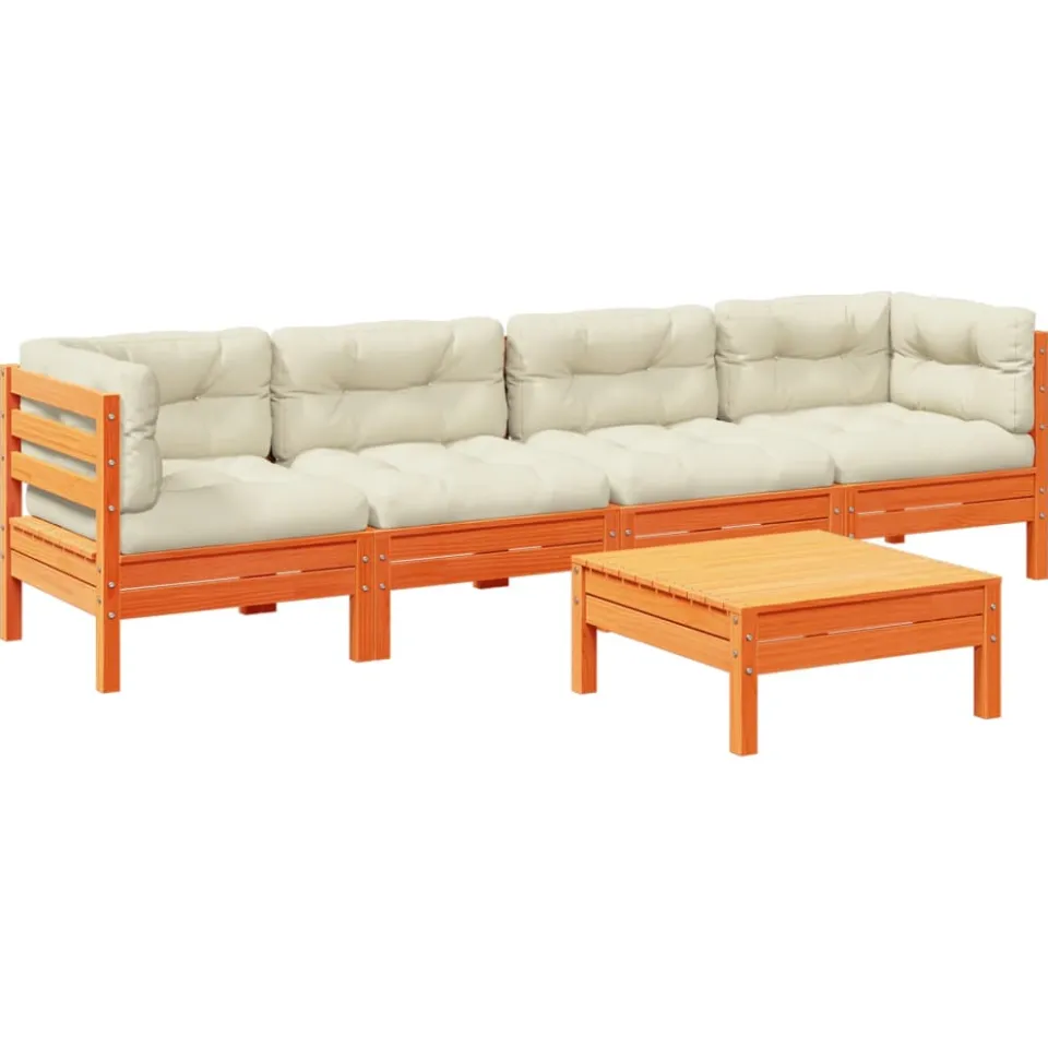 vidaXL 5-delige Loungeset met kussens massief grenenhout wasbruin