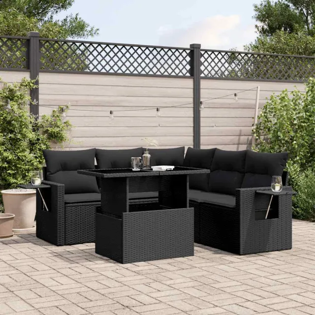 vidaXL 6-delige Loungeset met kussens poly rattan zwart, foto 2