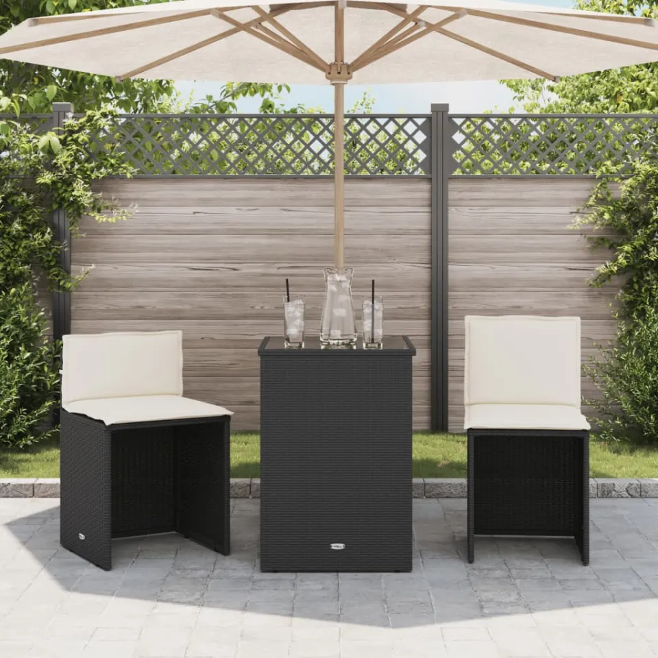 vidaXL 3-delige Bistroset met kussens poly rattan zwart, foto 2