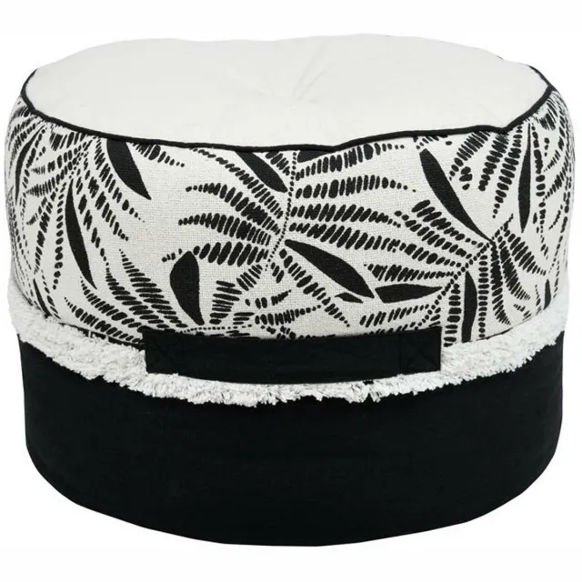 Stof Textiles Poef om te zitten Ziana - stof - wit/zwart - D40 x H30 cm - bijzet stoeltje - zit meubel