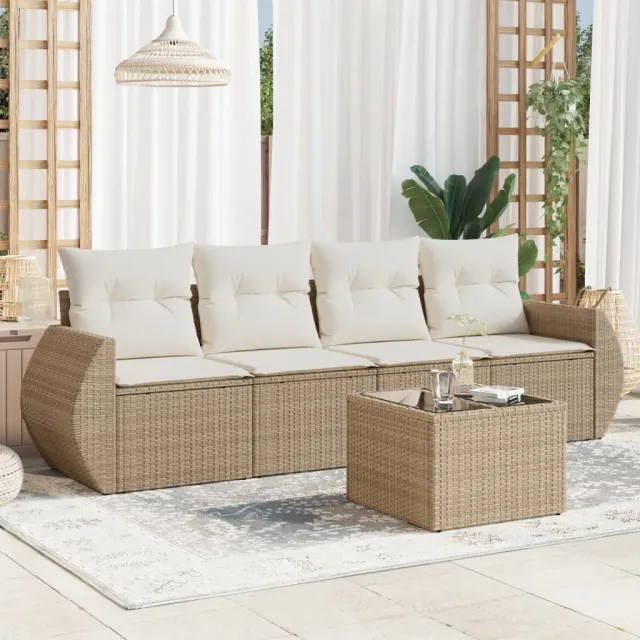 vidaXL 5-delige Loungeset met kussens poly rattan beige, foto 2