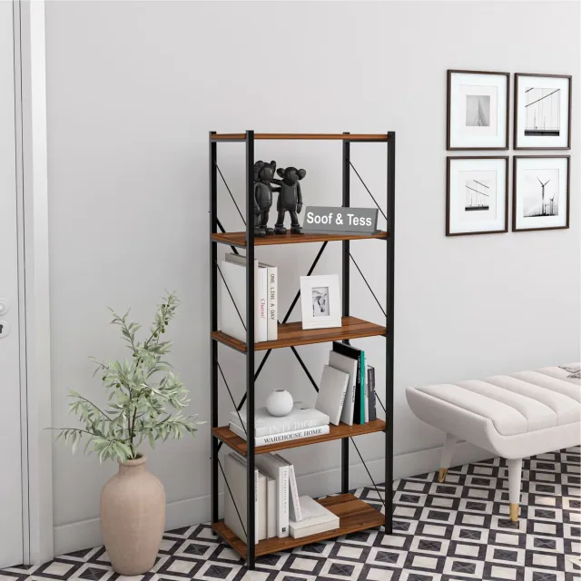 Soof & Tess Soof&Tess Boekenkast - Walnoot kleur - Opbergrek Met 5 Planken - Woonkamer - Slaapkamer 32 x 60 x 150 cm - Open Planken - Voor Kantoor