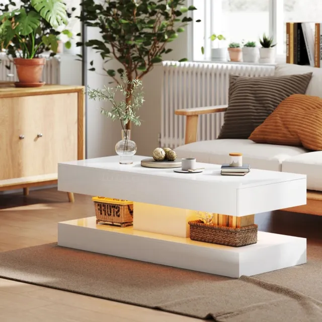 REDOM Salontafel met LED (12 kleuren, 4 modi, 16 helderheidsniveaus), hoogglans wit, 2 onzichtbare lades, open vak, 120×50×42 cm