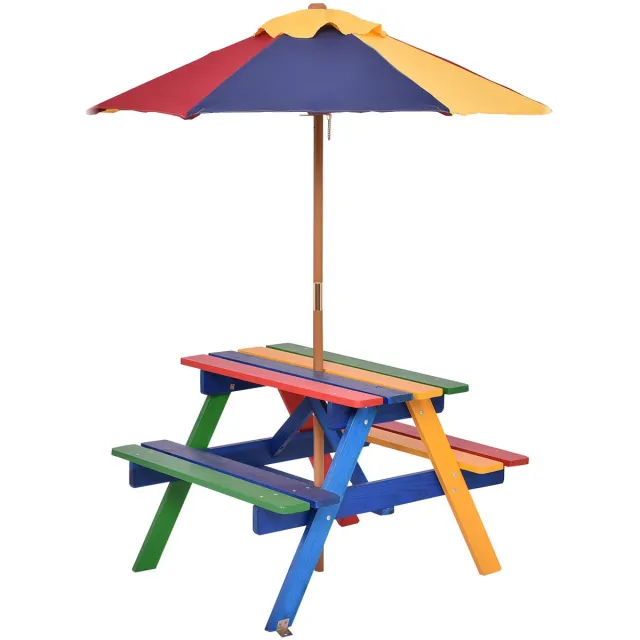 Costway Kinderzitgroep met parasol, kinderzitset van massief hout, picknicktafel, zitgroep buiten, tuinmeubelen voor buiten, kleurrijk Meerkleurig