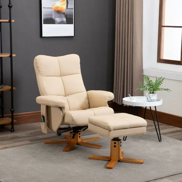 REDOM Massagestoel - 10 massagepunten - 145° verstelbare rugleuning - 360° draaibaar - Relaxfauteuil met voetbank - Polyester - Crèmewit - 80 x 86 x 99 cm