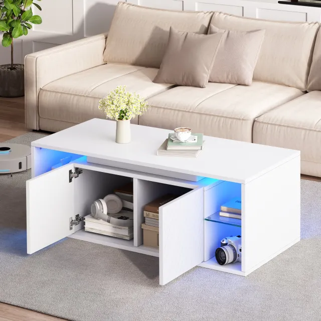 Maisentiel Salontafel 100 x 50 x 41 cm met LED-verlichting, 2 deuren, spaanplaat, wit