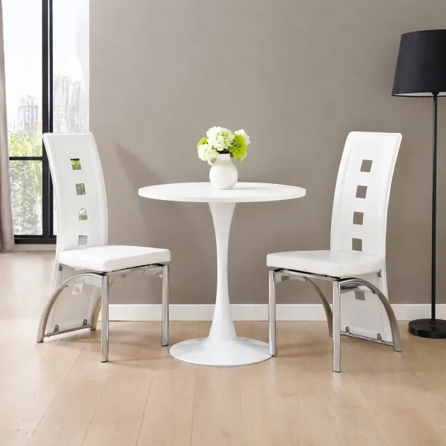 MEUNIQ Set van 2 eetkamerstoelen 102,5 cm met geometrische opengewerkte rugleuning, wit kunstleer en zilverkleurig metalen onderstel