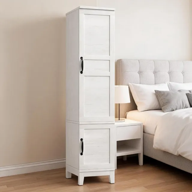 HOERFURIY Vrijstaande rustieke houten kledingkast – 2 deuren – 72" hoge opbergkast voor de slaapkamer – kledingstang – 18 verstelbare planken – smalle indeling voor kleding – wit