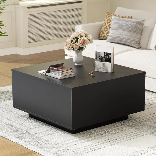 FABATO CT021-Vierkante Salontafel-Zwart-In Hoogte Verstelbaar-Verborgen Opbergruimte-Landhuis Design-Schwarz