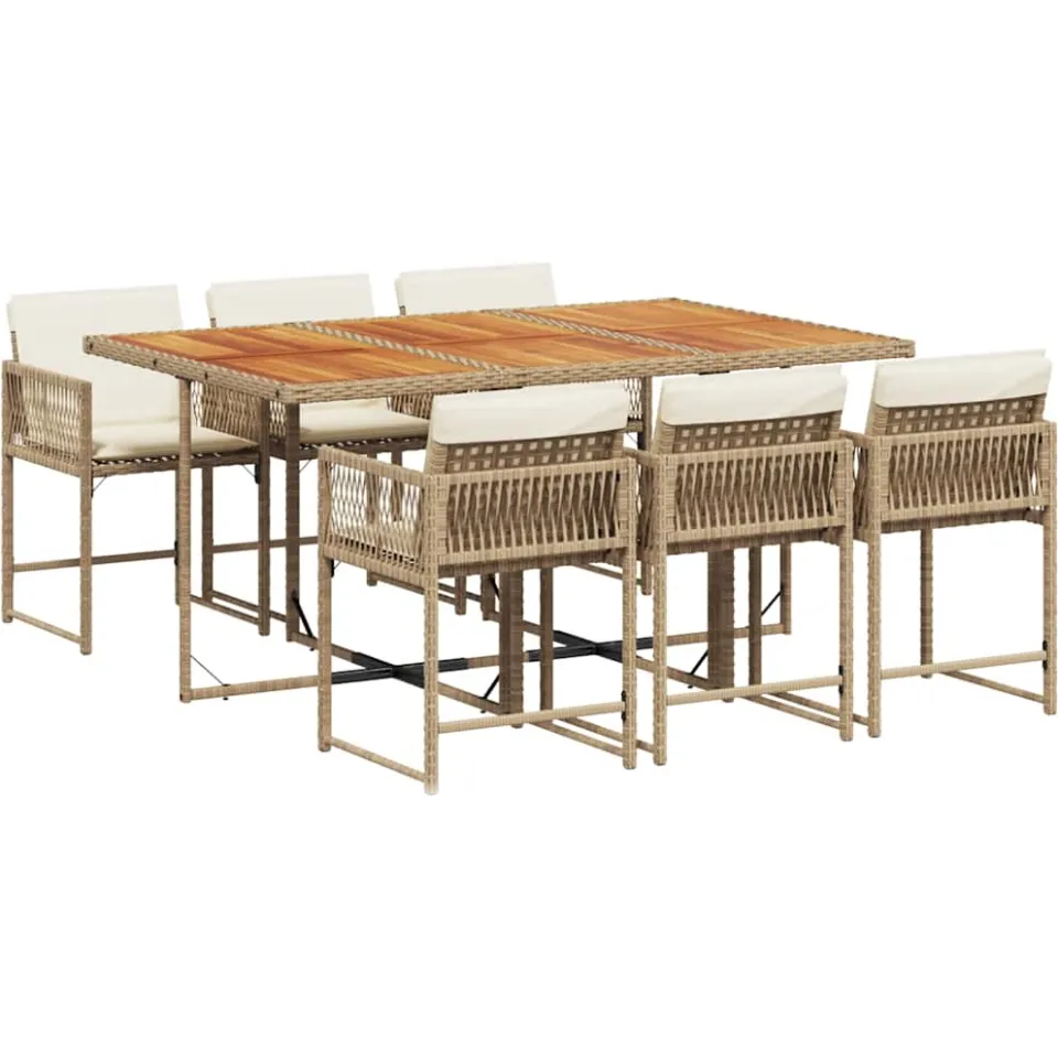 vidaXL 7-delige Tuinset met kussens poly rattan beige