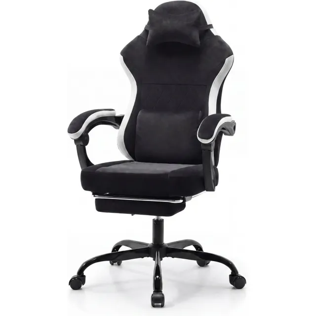 Wishdor Gamingstoel - Ergonomische bureaustoel met hoofdsteun en lendenkussen - Verstelbare zithoogte en rugleuning - Voetensteun en stille wielen - Stof - Wit en zwart - 58,5 x 63 x 120,5 cm Wit, zwart